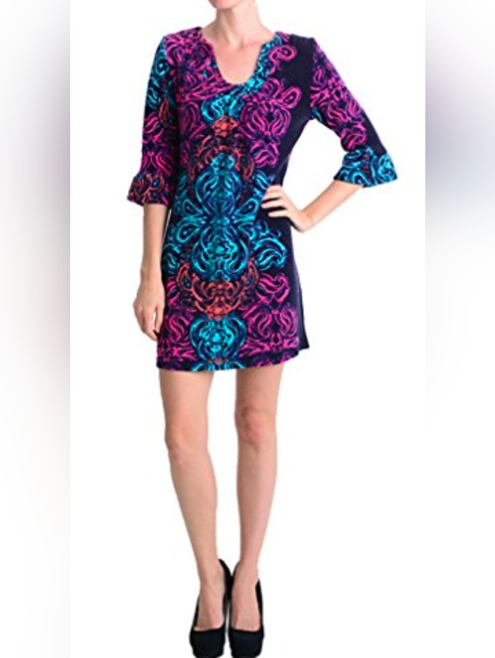 Aryeh Multicolored Tunic Sweater Dress Navy with Pink & Teal Accents Size L
